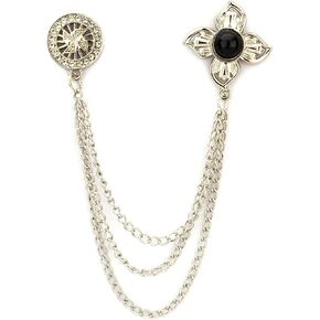 Knighthood Silver Wheel With Black Stone Star And Hanging Tassel Chain Collar Pin Brooch, Suit Stud, Shirt Studs, Lapel Pin Accessories for Men Women