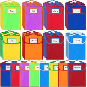 32 Pcs Large Book Pouches Nylon Book Bag for Classroom Bulk with Clear Name Tag Pocket Stitched Handle Colorful Reading Material Supplies Baggies for Class Student School 11.81 x 14.96''
