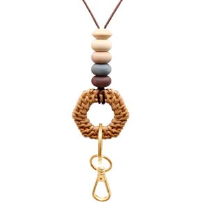 Boho Teacher Lanyard ID Badge Rattan Wood and Silicone Beads Lanyards for Women for Office Work Nurse Student
