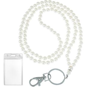 Longer Length Dressy Pearl Lanyard with Diamond (Rhinestone) Accent for ID Badges for Women