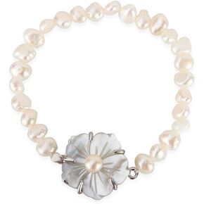 White Beaded Pearls Bracelet for Women, Shell Flower Clasp Freshwater Baroque Pearls Bracelet for Jewelry