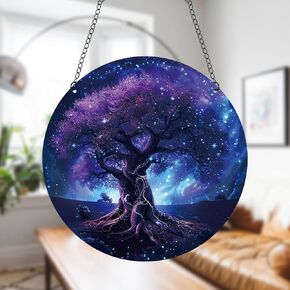 Generic 11.8 Inches Purple Tree of Life Acrylic Window Hanging Decor Stained Glass Panels Starry Sky Scenery Wall Art Mural for Bedroom Garden Wall Decoration Suncatcher Gift for Mom Grandma Teacher