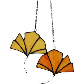 Leaf Suncatcher Stained Glass Window Hanging, Nature Ornament Stained Glass Window Panel,Tiffany Style Stained Glass Suncatchers Leaves Gifts (Yellow Ginkgo)