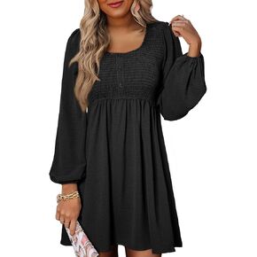 Dokotoo Womens 2024 Casual Dress Smocked Crewneck Button Up Long Sleeve Empire Waist A-Line Mini Dress