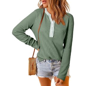 Acelitt Womens Casual Fall Long Sleeve Waffle Knit Henley Shirt Button Down V Neck Tunic Tops Blouses