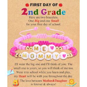 MOMMY& ME Back to School/First Day of School Bracelet Gifts, First Day of Kindergarten Preschool First/Second Grade Bracelet Gifts, Set of 2 Pink Small Beads Bracelet for Girls