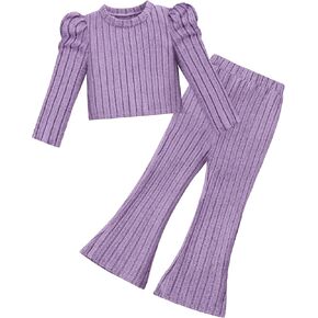 Toddler Girl Clothes 2 Piece Girls Outfit Rib-Knit Sweatsuits Puff Sleeve Pullover Flare Legging Pants Kids Tracksuit
