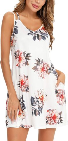 Women's Nightgown Print Nightshirt Tank Sleep Dress Plus Size Sleepwear With Pockets S-3XL in Kuwait