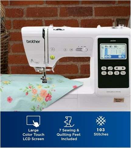 ماكينة الخياطة والتطريز Brother SE600، 80 تصميمًا، 103 غرز مدمجة، محوسبة، منطقة دائرية 4 × 4 بوصة، شاشة LCD تعمل باللمس 3.2 بوصة، 7 أقدام متضمنة وقاعدة جانبية، SA177 in Kuwait