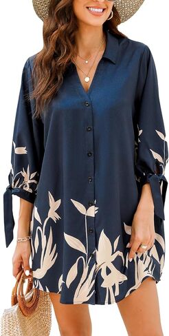 CUPSHE Women Floral Shirt Beach Cover Up Dress 3/4 Sleeve Cuff Tie Button Down Casual Mini Summer Fall Dresses Cover Ups in Saudi Arabia