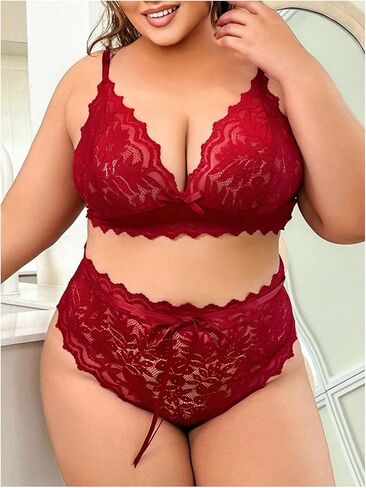 أطقم ملابس داخلية نسائية من MakeMeChic مقاس كبير من الدانتيل الزهري وحواف صدفية ورقبة على شكل V أطقم حمالة صدر ولباس داخلي in Saudi Arabia