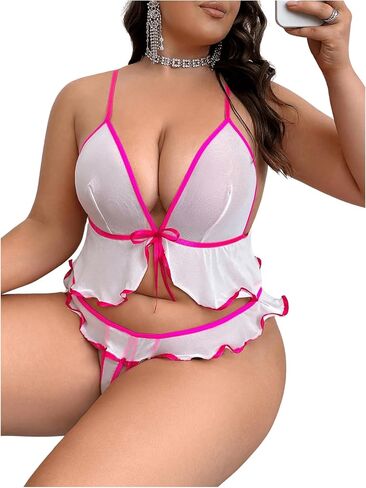 طقم ملابس داخلية نسائية مقاس كبير مزين بفيونكة مكشكشة شفافة من خلال حمالات الصدر والسراويل الداخلية in Saudi Arabia