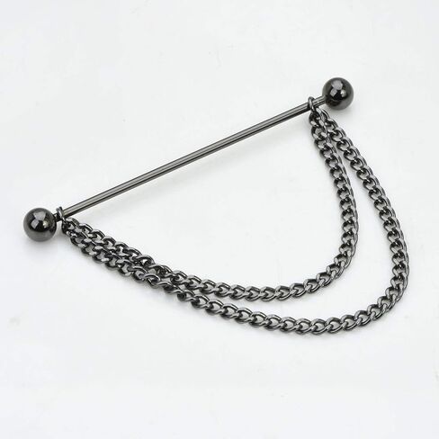 18K Gold Brass Barbell Ball Head Collar Bar with Hanging Chain Tassel Silver Black Shirt Tie Bar Collar Brooch for Men (Black Ball) in Saudi Arabia