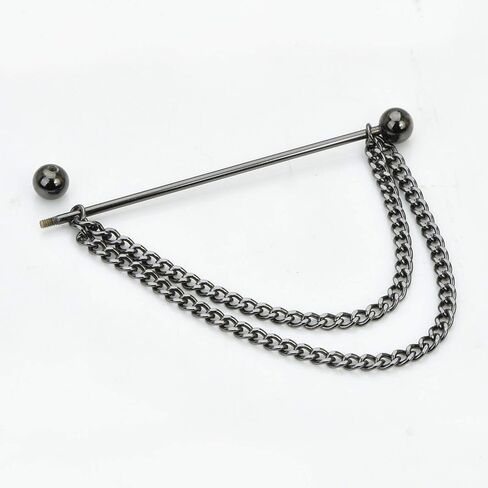 18K Gold Brass Barbell Ball Head Collar Bar with Hanging Chain Tassel Silver Black Shirt Tie Bar Collar Brooch for Men (Black Ball) in Saudi Arabia