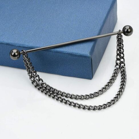 18K Gold Brass Barbell Ball Head Collar Bar with Hanging Chain Tassel Silver Black Shirt Tie Bar Collar Brooch for Men (Black Ball) in Saudi Arabia