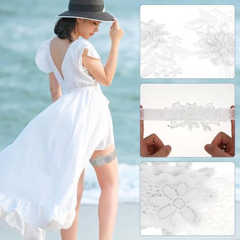 Wedding Garters for Bride, 2 Pieces White Wedding Garters Bride Stretchy Bridal Garters Floral Garter Belt Elastic Lace Thigh Garter Plus Size Bride Garter Accessories for Bachelorette Wedding Party in Saudi Arabia