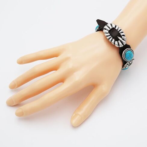 سوار نسائي من Rosemarie & Jubalee راعية البقر أنيقة على الطراز الغربي مصقول باللون الفضي وحجر هاوليت الفيروزي على سوار بإبزيم من الجلد النباتي البني، 7.12 بوصة - 8.25 بوصة in Kuwait