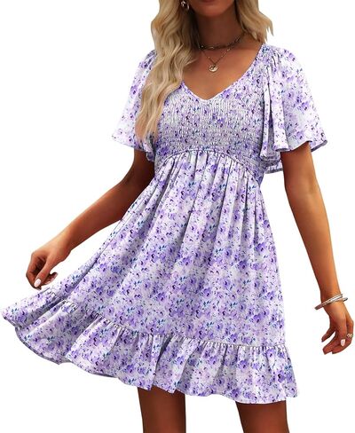 Womens Cute Smocked V Neck Flutter Sleeve Mini Dresses with Pockets Casual Flowy Summer Sundress for Women 2024 in Saudi Arabia