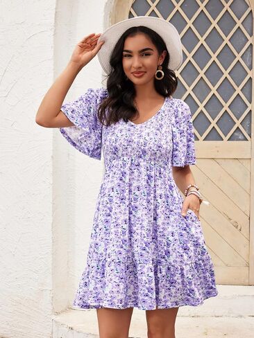 Womens Cute Smocked V Neck Flutter Sleeve Mini Dresses with Pockets Casual Flowy Summer Sundress for Women 2024 in Saudi Arabia
