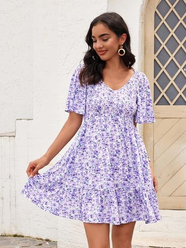 Womens Cute Smocked V Neck Flutter Sleeve Mini Dresses with Pockets Casual Flowy Summer Sundress for Women 2024 in Saudi Arabia