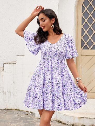 Womens Cute Smocked V Neck Flutter Sleeve Mini Dresses with Pockets Casual Flowy Summer Sundress for Women 2024 in Saudi Arabia