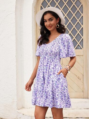 Womens Cute Smocked V Neck Flutter Sleeve Mini Dresses with Pockets Casual Flowy Summer Sundress for Women 2024 in Saudi Arabia