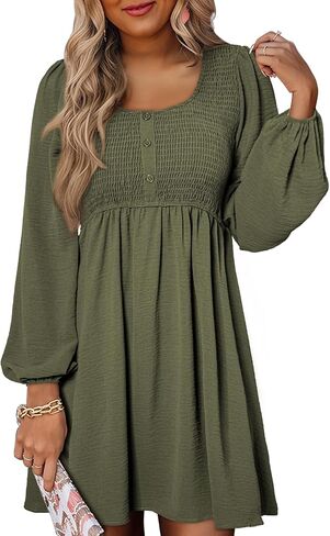 Dokotoo Womens 2024 Casual Dress Smocked Crewneck Button Up Long Sleeve Empire Waist A-Line Mini Dress in Saudi Arabia
