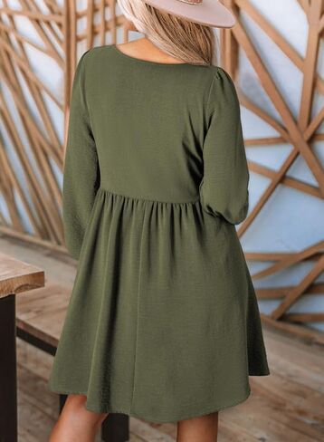 Dokotoo Womens 2024 Casual Dress Smocked Crewneck Button Up Long Sleeve Empire Waist A-Line Mini Dress in Saudi Arabia