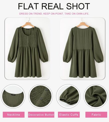 Dokotoo Womens 2024 Casual Dress Smocked Crewneck Button Up Long Sleeve Empire Waist A-Line Mini Dress in Saudi Arabia