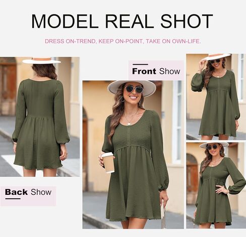 Dokotoo Womens 2024 Casual Dress Smocked Crewneck Button Up Long Sleeve Empire Waist A-Line Mini Dress in Saudi Arabia