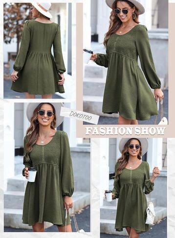 Dokotoo Womens 2024 Casual Dress Smocked Crewneck Button Up Long Sleeve Empire Waist A-Line Mini Dress in Saudi Arabia