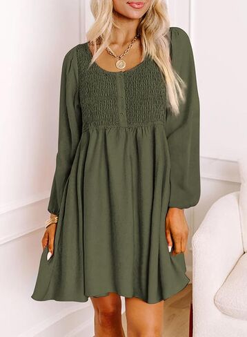Dokotoo Womens 2024 Casual Dress Smocked Crewneck Button Up Long Sleeve Empire Waist A-Line Mini Dress in Saudi Arabia