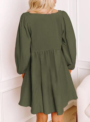 Dokotoo Womens 2024 Casual Dress Smocked Crewneck Button Up Long Sleeve Empire Waist A-Line Mini Dress in Saudi Arabia