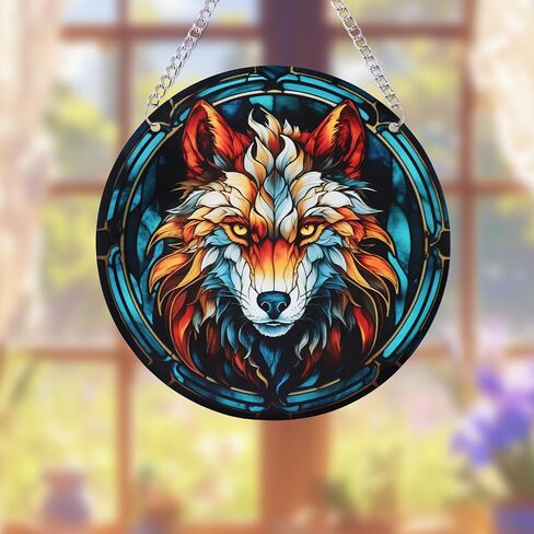Wolf Stained Glass Window Hanging 5.9in Wolf Pattern Stained Glass Suncatcher Jungle Animal Acrylic Hanging Ornament with Metal Chain for Women Home Christmas Wild Animal Lover Decoration 073 in Saudi Arabia
