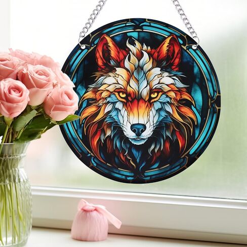 Wolf Stained Glass Window Hanging 5.9in Wolf Pattern Stained Glass Suncatcher Jungle Animal Acrylic Hanging Ornament with Metal Chain for Women Home Christmas Wild Animal Lover Decoration 073 in Saudi Arabia