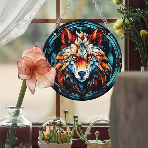Wolf Stained Glass Window Hanging 5.9in Wolf Pattern Stained Glass Suncatcher Jungle Animal Acrylic Hanging Ornament with Metal Chain for Women Home Christmas Wild Animal Lover Decoration 073 in Saudi Arabia