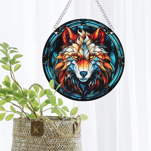Wolf Stained Glass Window Hanging 5.9in Wolf Pattern Stained Glass Suncatcher Jungle Animal Acrylic Hanging Ornament with Metal Chain for Women Home Christmas Wild Animal Lover Decoration 073 in Saudi Arabia