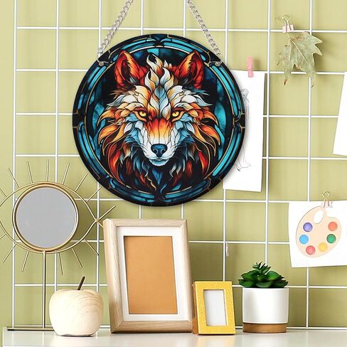 Wolf Stained Glass Window Hanging 5.9in Wolf Pattern Stained Glass Suncatcher Jungle Animal Acrylic Hanging Ornament with Metal Chain for Women Home Christmas Wild Animal Lover Decoration 073 in Saudi Arabia