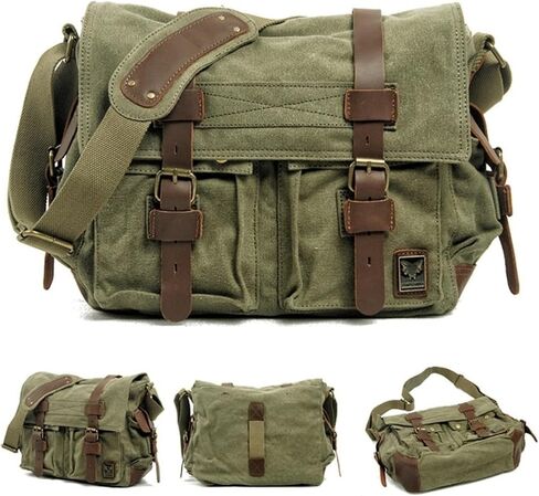 Canvas Messenger Bag, Vintage Genuine Leather Shoulder Bag, Briefcase Crossbody Satchel Purse Laptop Bag Medium in Saudi Arabia