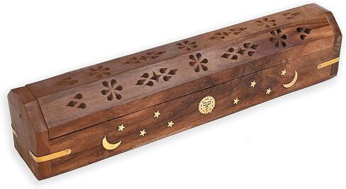 Wooden Incense Coffin Incense Stick Cone Burner Holder Stand with Storage Compartment Ash Catcher | Moon Design Incense Burner in Kuwait