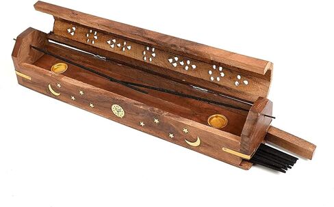 Wooden Incense Coffin Incense Stick Cone Burner Holder Stand with Storage Compartment Ash Catcher | Moon Design Incense Burner in Kuwait