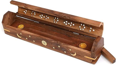 Wooden Incense Coffin Incense Stick Cone Burner Holder Stand with Storage Compartment Ash Catcher | Moon Design Incense Burner in Kuwait