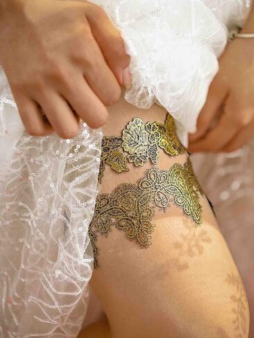 مجموعة رباط دانتيل مثيرة من فورميري، رباط حفلات أسود للنساء، خاتم ساق كروشيه ذهبي لحفلات الزفاف للعروس ووصيفات العروس (قطعتان)... in Kuwait