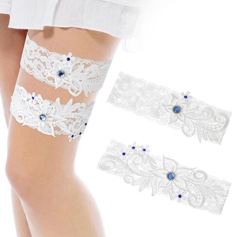 2 Pieces Wedding Garters for Bride, Thigh Leg Lace Garter Elastic Garter with Blue Rhinestone Bridal Accessories for Women and Girls in Saudi Arabia