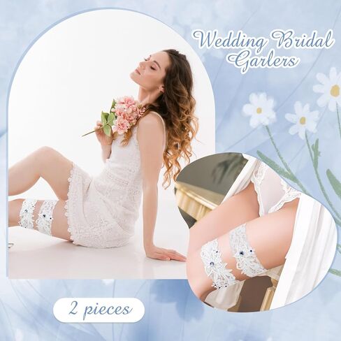 2 Pieces Wedding Garters for Bride, Thigh Leg Lace Garter Elastic Garter with Blue Rhinestone Bridal Accessories for Women and Girls in Saudi Arabia