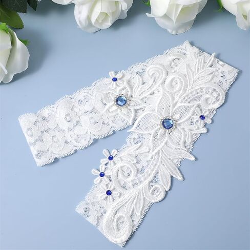 2 Pieces Wedding Garters for Bride, Thigh Leg Lace Garter Elastic Garter with Blue Rhinestone Bridal Accessories for Women and Girls in Saudi Arabia