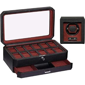 Gift Set 12 Slot Leather Watch Box with Valet Drawer & Matching Single Watch Winder - Luxury Watch Case Display Organizer, Locking Mens Jewelry Watches Holder, Men's Storage Boxes Glass Top Black/Red