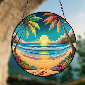 Sunset Beach Stained Acrylic Window Hangings Seaside Coconut Tree Wall Art Decoration for Kitchen Living Room Birthday Gifts for Women Mom Grandma