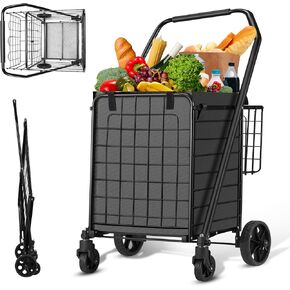 HABUTWAY Shopping Cart for Groceries, Grocery Cart on Wheels with Waterproof Liner, Folding Shopping Cart for Groceries Luggage Laundry,110lb Capacity