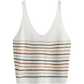 WDIRARA Women's Striped V Neck Sleeveless Crop Knit Top Casual Sweater Vest